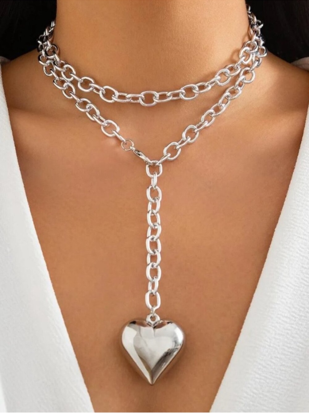 Silver Heart Drop Choker Necklace - Women Jewelry